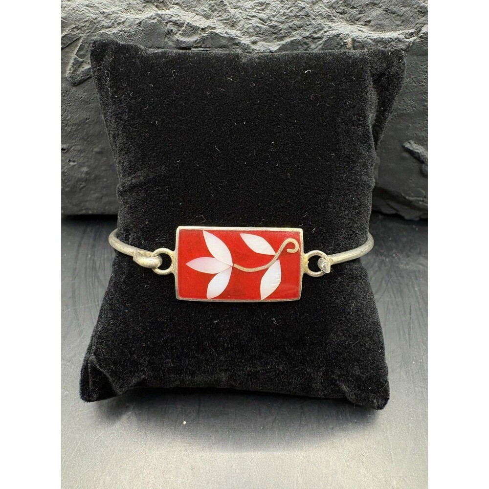 Alpaca mexico silver tone red enamel abalone flower bangle bracelet 7”